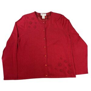 Pendleton Red Cardigan Sweater With Floral Embroidery Silk/Nylon Blend Lined - L